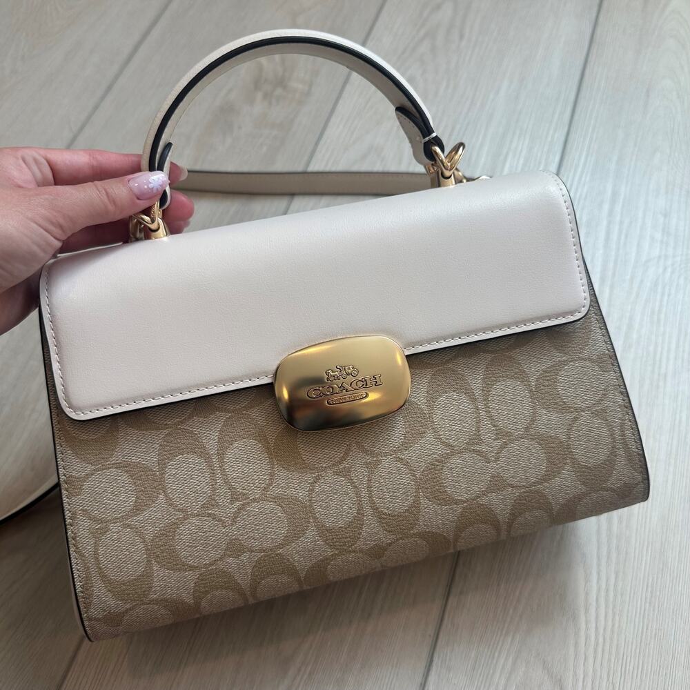 NWOT Coach Eliza Gold Light Khaki Chalk signature canvas leather top handle bag - Picture 3 of 7